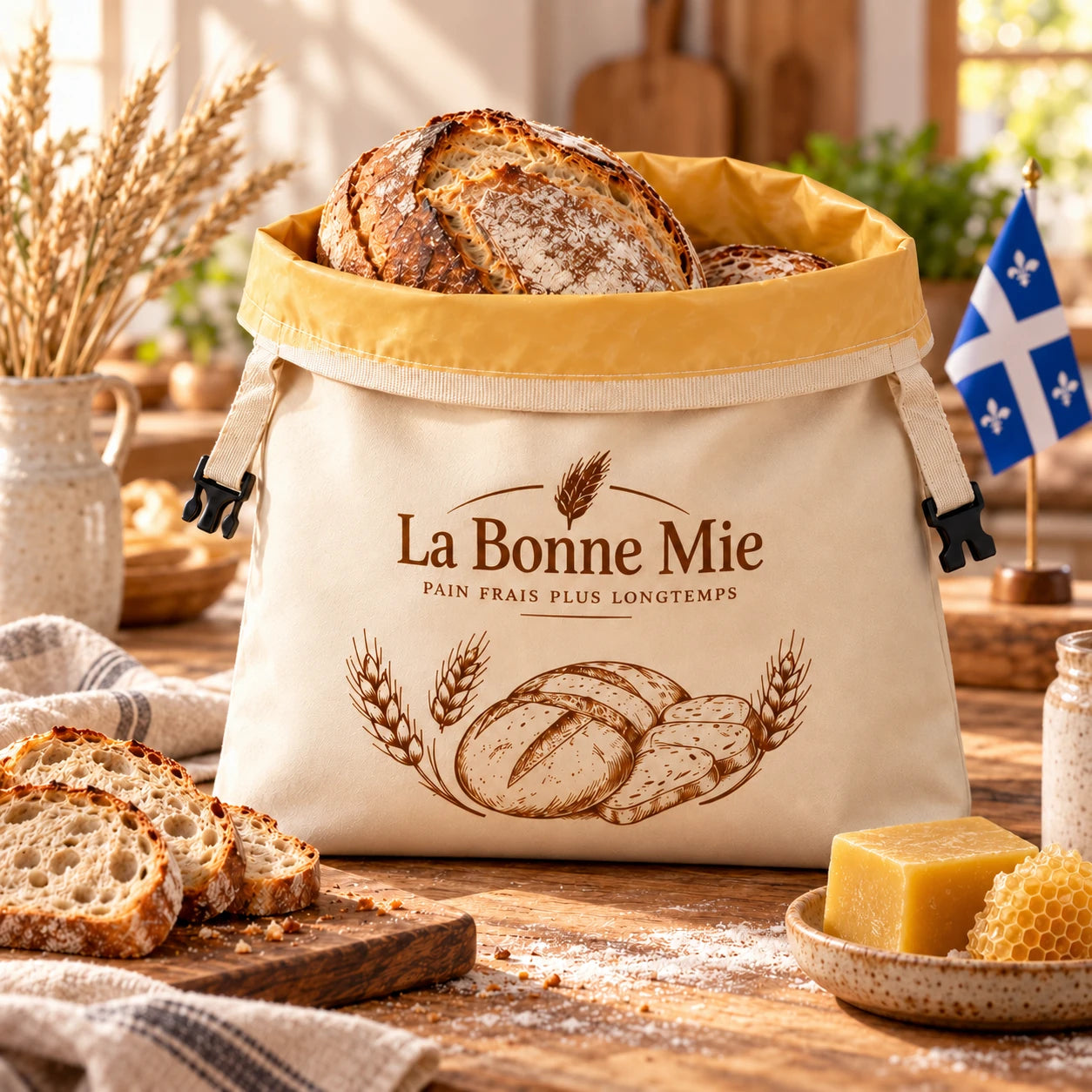 Sac La Bonne Mie ouvert, pain artisanal, cire d’abeille et drapeau québécois